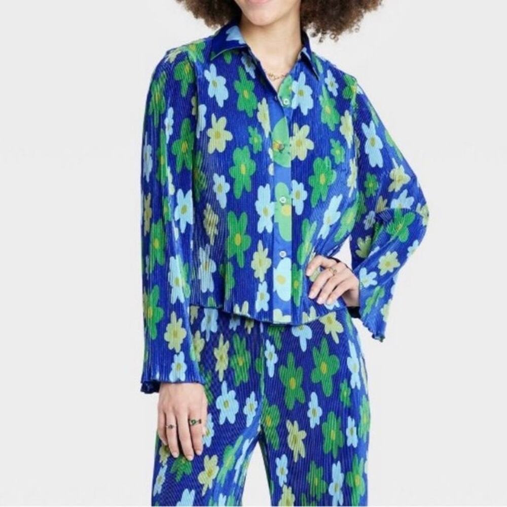 Target Black History Month x Sammy B Shirt Blue Green Floral Pleated Women's XL
